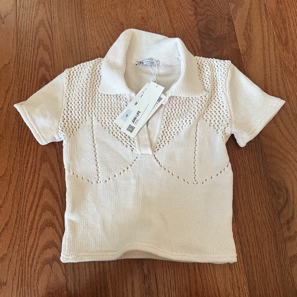 Zara White Open-Knit Polo Short Sleeve Top - Picture 2 of 10
